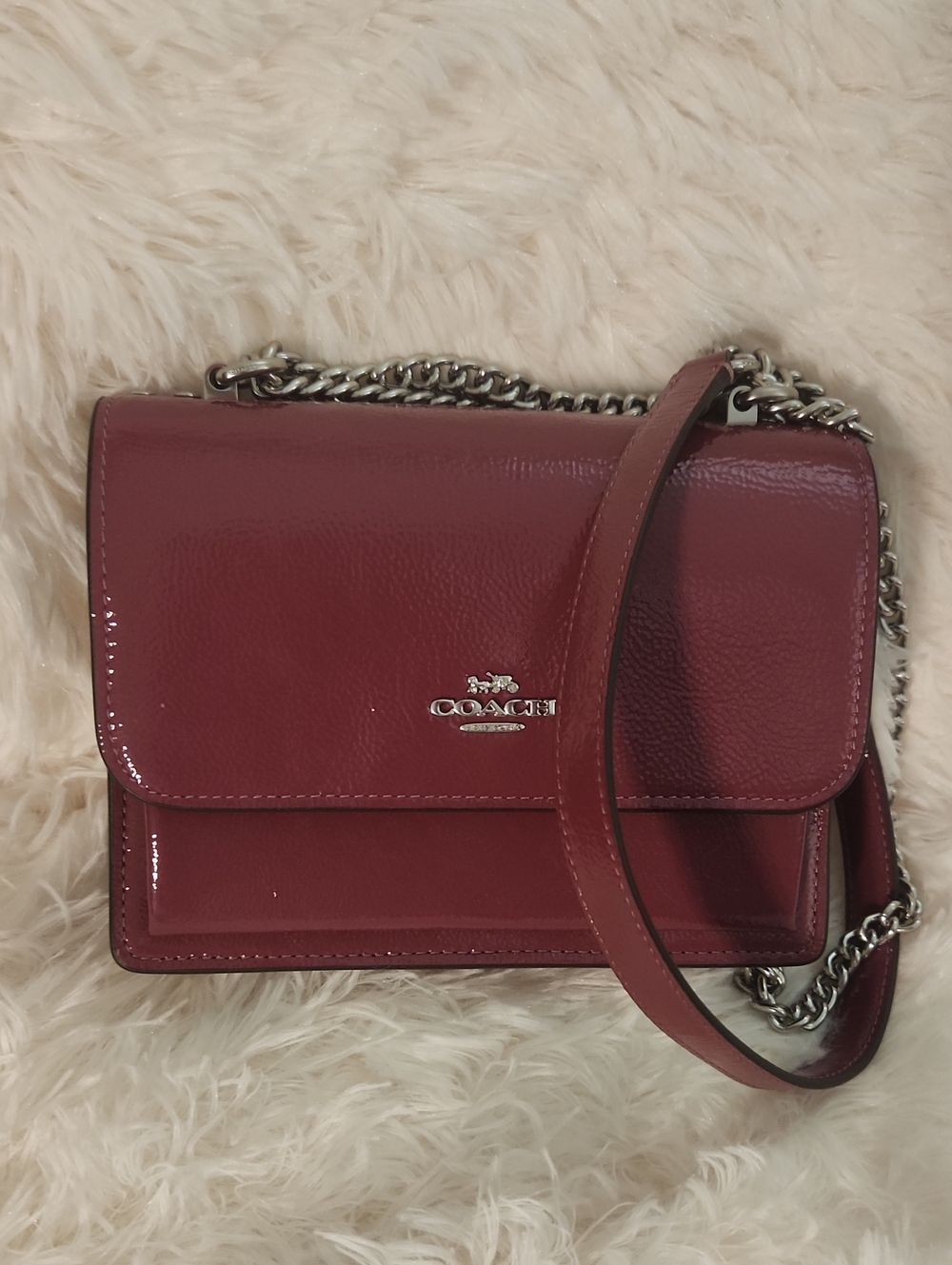 Coach Patent Leather Crossbody Bag in Pink with Silver Chain